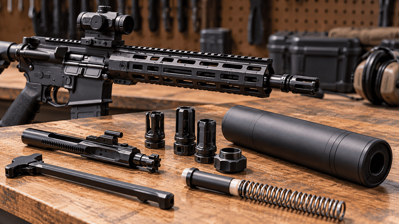 Suppressor-ready AR-15 components including suppressor, muzzle devices, bolt carrier group, charging handle, buffer and spring